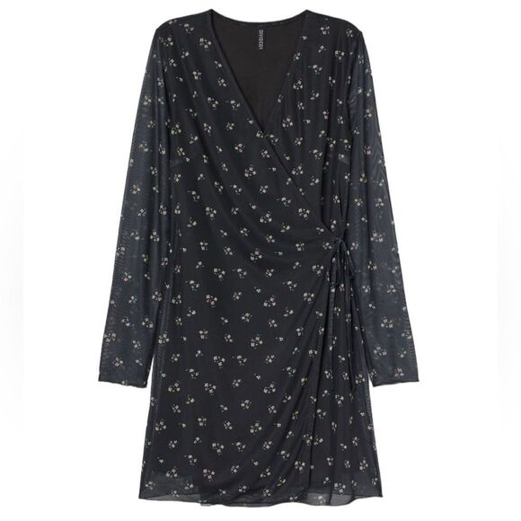H&M Black Floral Fo Wrap Mini Deep Vee Long Sleeved Casual Summer Dress - Picture 1 of 4
